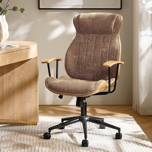 HULALA HOME Solid Wood Office Chair with High Backrest, Camel | Mid Century Modern Bentwood Desk Chair with Tilt Function, Swivel Fabric Computer Task Chair, Height Adjustable, Metal Base