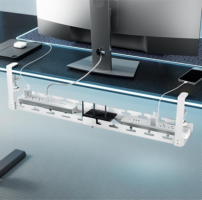 ARES WING 17"-28.7" Extendable Under Desk Cable Management Tray, No-Drill | Clamp-on Metal Cord Organizer with Cable Slots, Holds up to 11 lbs Desk Storage for Office and Gaming Accessories, White