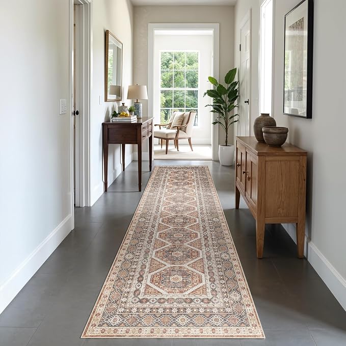 3x12 Runner Rug Kitchen Washable: Oriental Indoor Hallway Runners with Non Slip Backing Floor Mat for Entryway Door Low Pile Thin Carpet for Bedroom Bathroom Living Room Bedside Brick