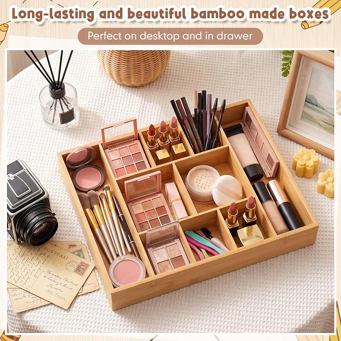SiliFine 2 Pack Large Bamboo Desk Drawer Organizer, 10 Compartment Organization Tray Junk Drawer Storage Box Multi-use Container Bin for Kitchen, Sewing, Makeup, Office, Bathroom Vanity, 16.5"x12"