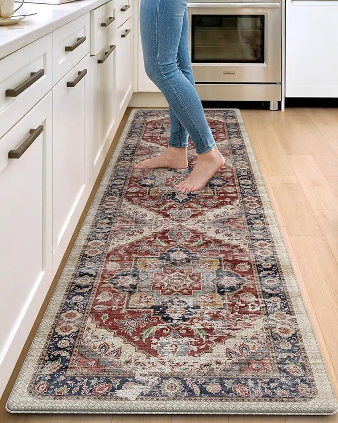 DEXI Kitchen Floor Mats Anti Fatigue, 23x86 Large Cushioned Vintage Runner Rug Waterproof, Standing Comfort Memory Foam Padded for Front Sink Laundry Office, Beige and Red