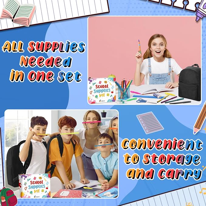 Gilprop 79 Pcs Back to School Supplies Box for Kids K-5 Students Elementary Middle School Supplies Kit Bundle Bulk Essential Pen Notebook Stationery for Primary Student Classroom(Black)