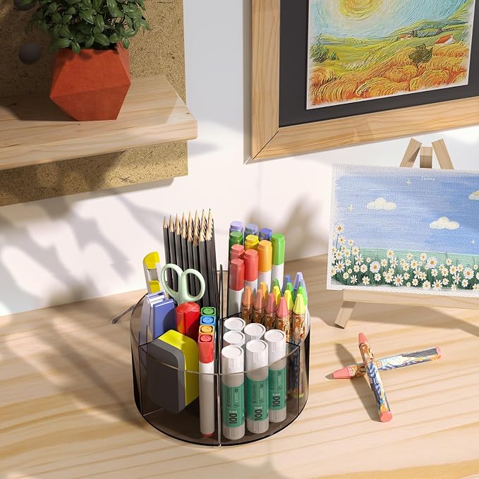 Mefirt Acrylic Pen Organizer, 360 Degree Rotating Desk Organizer with 6 Compartments Crayon Holder for Office, School, Home, Art Supply, Grey