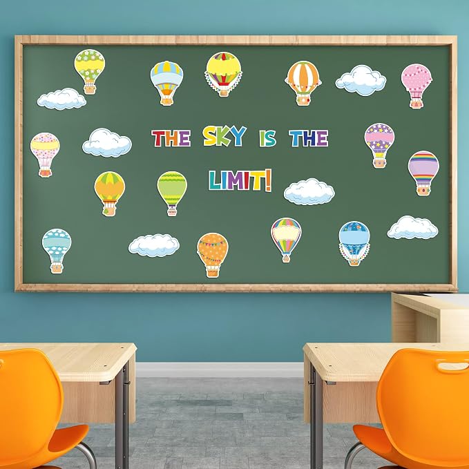 BeYumi 65Pcs Hot Air Balloon Cloud Classroom Bulletin Board Decoration Set Colorful Accents Cutouts Name Tags Labels Teacher Student Back to School Party Supplies for Elementary Preschool Kindergarten