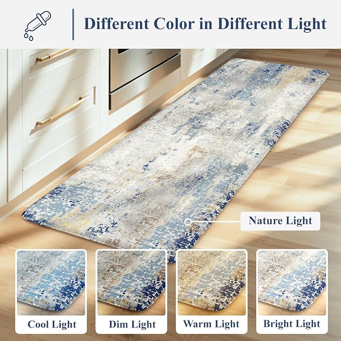 LEEVAN Anti Fatigue Kitchen Mats for Floor, Cushioned Kitchen Mat Set 2PCS | 17.3"x29"+17.3"x47", Modern Abstract Blue Kitchen Rugs Non-Slip, Waterproof Ergonomic Standing Mat for Laundry, Office, Sink