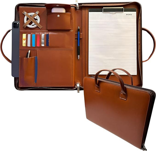 FUNTACY Leather Portfolio with Handles – Professional Business PU Leather Padfolio Organizer, Zippered Portfolio Binder for Documents, Resume, Notebook – Slim Leather File Folder for Men & Women