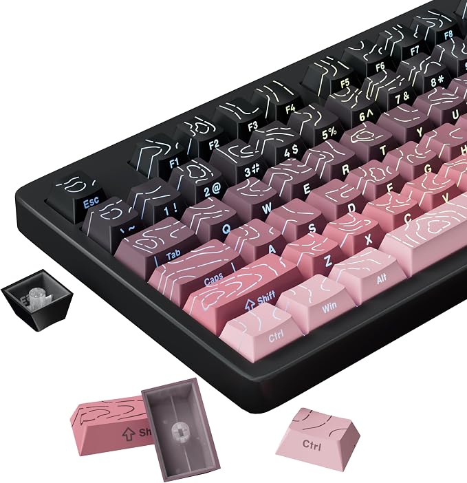 FunHub Shine Through PBT Keycaps - Pink Side Printed DoubleShot Keycaps Set 133 Keys 60 65 75 100 Percent Cherry Profile,Gradient Topographic RGB Backlit Key Caps for MX Full Size Mechanial Keyboards