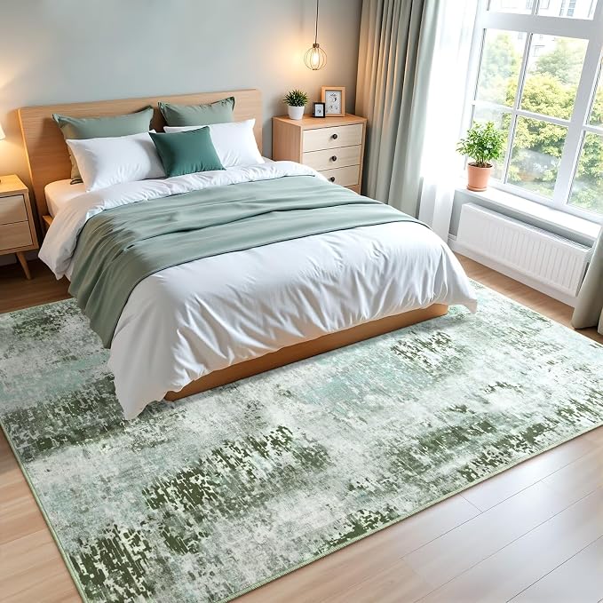 Macgace Washable Abstract Rug, 5x7 Modern Area Rugs with Non-Slip Rubber Backed for Living Room, Thin but Soft Contemporary Carpet Kitchen Bedroom Dining Room Decor, Green