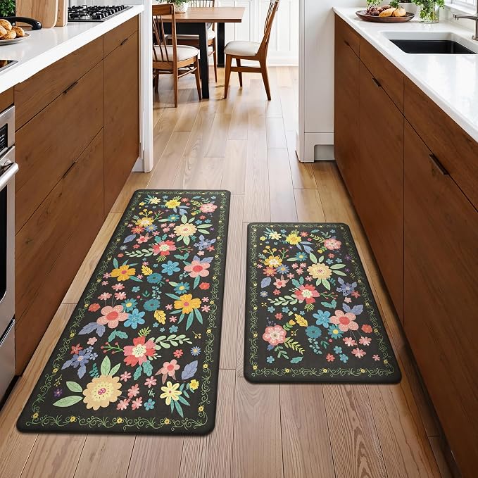GENIMO Anti Fatigue Kitchen Mats for Floor 2PCS, Cushioned Standing Mats | 20"x32"&20"x48", Black vintage floral rug set, waterproof, non slip, easy-clean for farmhouse