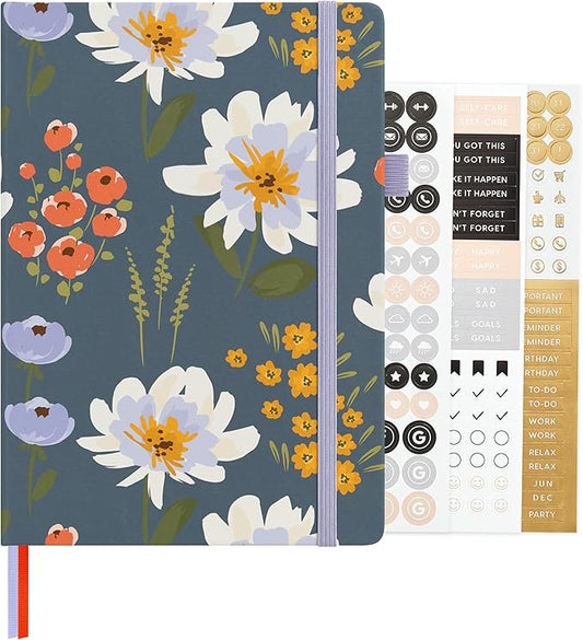 &And Per Se Dotted Journal Notebook, A5 Hardcover Aesthetic Dotted Notebook – 160 Pages 100gsm Thick Dot Grid Paper, 3 Sticker Sheets – Gift-Ready Journaling Kit for Women (Garden Flowers)