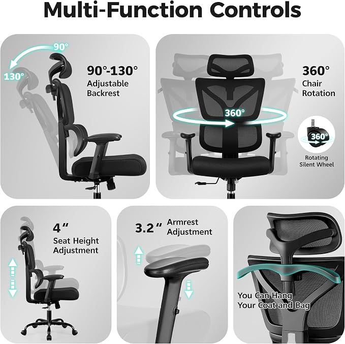 Ergonomic High Back Mesh Office Chair, Lumbar Support (Black) | Smooth 90° to 135° recline for work, read, or rest. Swivel big and tall gaming Chair. Adjustable armrest headrest height.