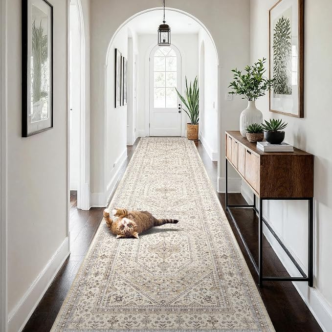 4x12 Runner Rug for Hallway Washable: Non Slip Kitchen Rugs with Rubber Backing Soft Waterproof Wide Mats Stain Resistant Low Pile Carpet for Entryway Bedroom Bathroom Laundry Home Decor Beige/Gray
