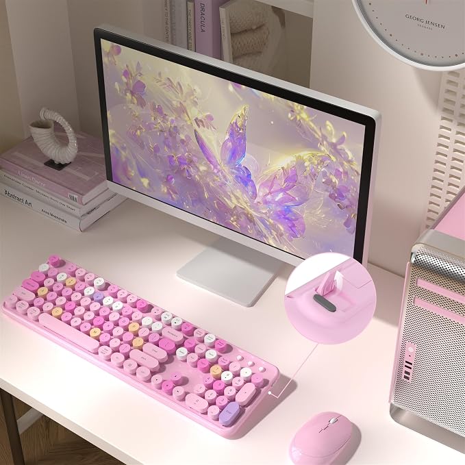 MPTOG Colorful Wireless Computer Keyboard and Mouse Combo with Round Typewriter Keycaps, Retro Design, Power Switch, Ergonomic Design, 2.4GHz Wireless for Windows, Mac, PC(Pink-Colorful)
