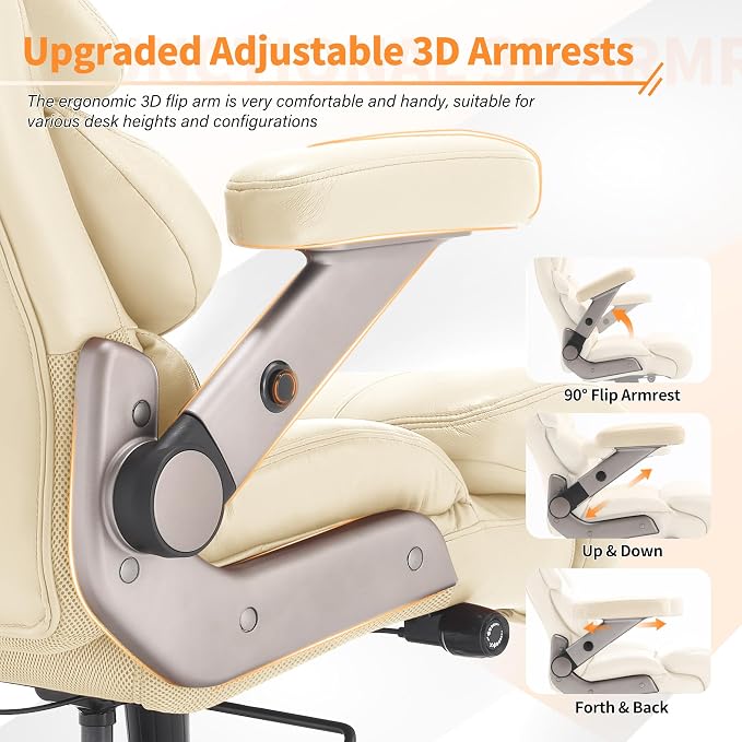 VUZI 700lbs Big and Tall Office Chair, Large Executive Leather Desk Chair | Adjustable Lumbar Support for Back Pain, Plus Size Wheels, 3D Flip Arms, Heavy Duty Metal Base, Wide Seat Computer Chair