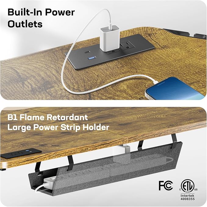 HUANUO 63″ L-Shaped Standing Desk, Built-in Power Outlets, Vintage Brown | Smooth Electric Height Adjustment, 3 Memory Presets, Sturdy Steel Frame, 220 lbs Capacity, Large Power Strip Holder