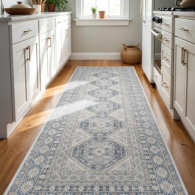 3x8 Runner Rug Kitchen Washable:Oriental Indoor Hallway Runners with Non Slip Backing Floor Mat for Entryway Door Low Pile Thin Carpet for Bedroom Bathroom Living Room Bedside (Blue, 3x8)