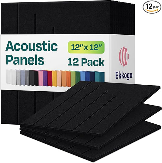 Acoustic Panels 12-Pack Soundproof Wall Panels 12"x12"x0.4" Decorative Sound Dampening for Your Home, Office, Studio, Bedroom & More with Unique LineWave Carving [Deep Black]