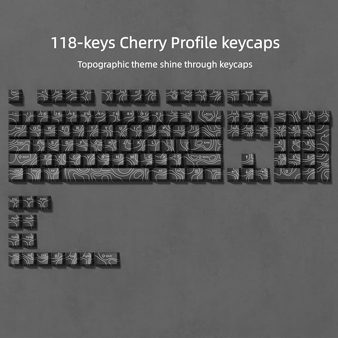 dagaladoo Double Shot PBT keycaps 118 Keys Set Black Topographic Shine Through Custom keycaps Cherry Profile Custom Keyboard Key caps for 60/65/75/TKL/96/100% US Layout Mechanical Keyboard