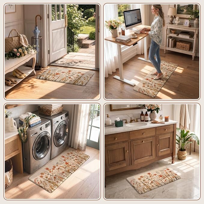 KIMODE Fall Kitchen Mats Cushioned Anti Fatigue, Orange Farmhouse Kitchen Rugs Sets of 2, Non Slip Kitchen Mats for Floor, Padded Kitchen Floor Mats for Sink Laundry Office Desk 17"x47"+17"x29"
