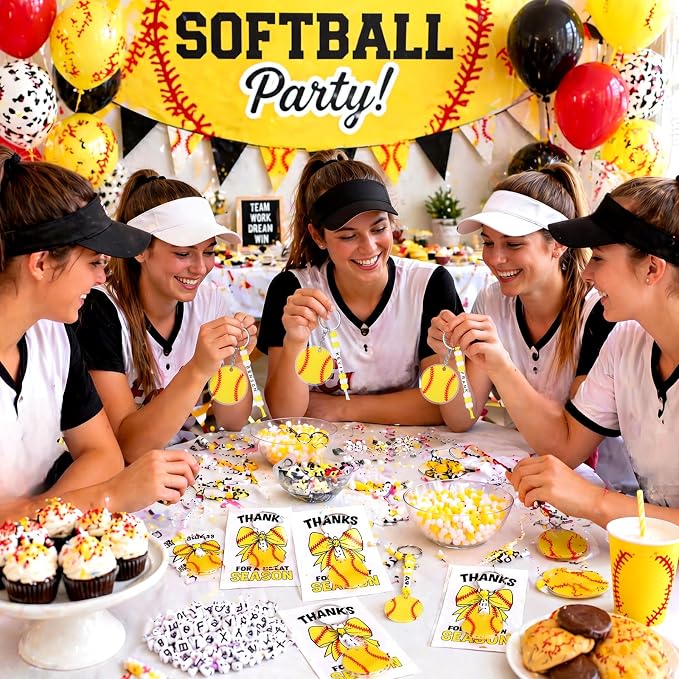 Suncalla 984 Pcs 24 Set Softball Keychain Making Kit DIY Ball Bag Tag Softball Party Favors Accessories Sport Key Chain Crafts Adjustable Name Beads Cards Strings Kit Senior Team Night Graduation Gift
