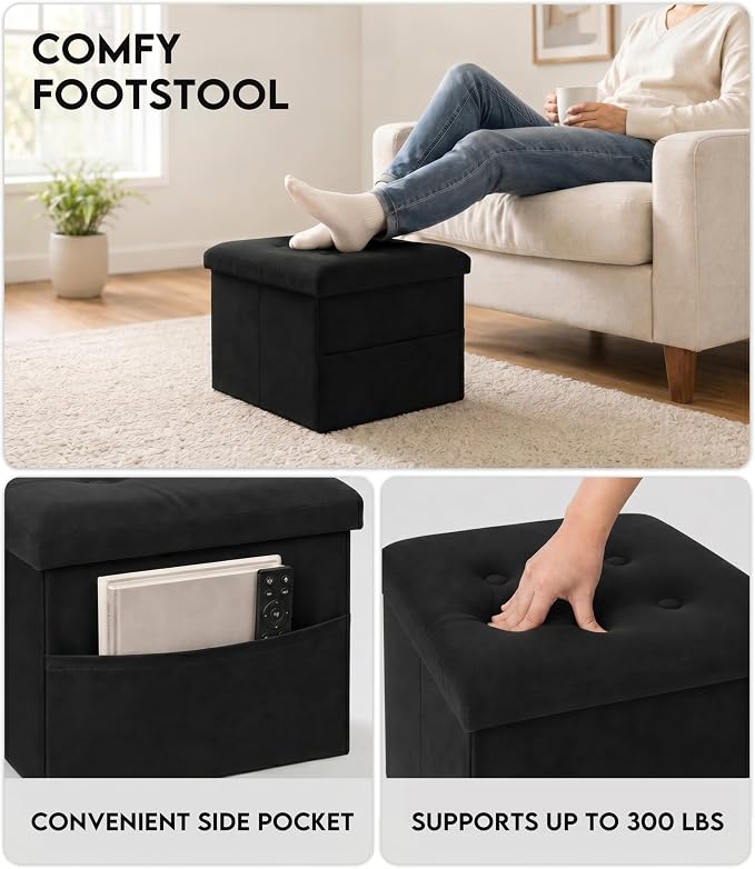 Zoes Homeware Small Storage Ottoman Foot Rest, Velvet Ottoman with Storage and Side Pocket, Black Foot Rest for Couch, Foldable Footstool for Chair, Living Room&Dorm, 16"x12"x12"