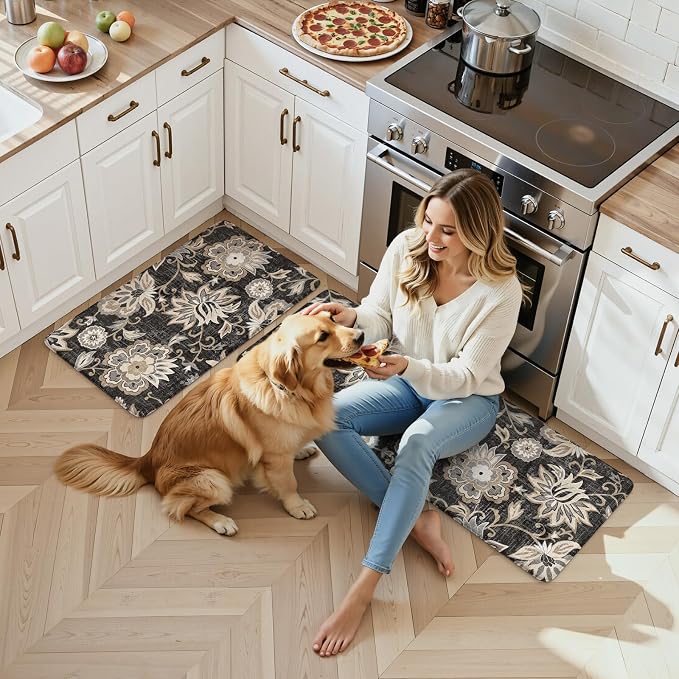 LEEVAN Anti Fatigue Kitchen Mats for Floor, Cushioned Kitchen Mat Set 2PCS | 20"x31"+20"x47", Boho Floral Black Kitchen Rugs Non-Slip Comfort, Waterproof Ergonomic Standing Mat for Laundry, Office, Sink