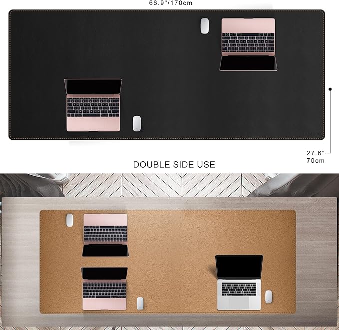 MAIDERN 67”x 27.5” Leather Desk Mat XXL, Large Desk Pad, Reversible Cork & Leather Large Mouse pad for Desk, Waterproof Computer Desk Mat for Gaming Home Office (Black)