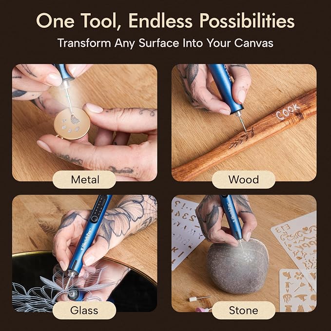 SketchPro Cordless Engraving Pen with LED Light – 3-Speed Precision Etching Tool for Wood, Metal, Glass & Plastic – USB-C Rechargeable, 26 Accessories – Ideal for DIY, Jewelry & Craft Projects