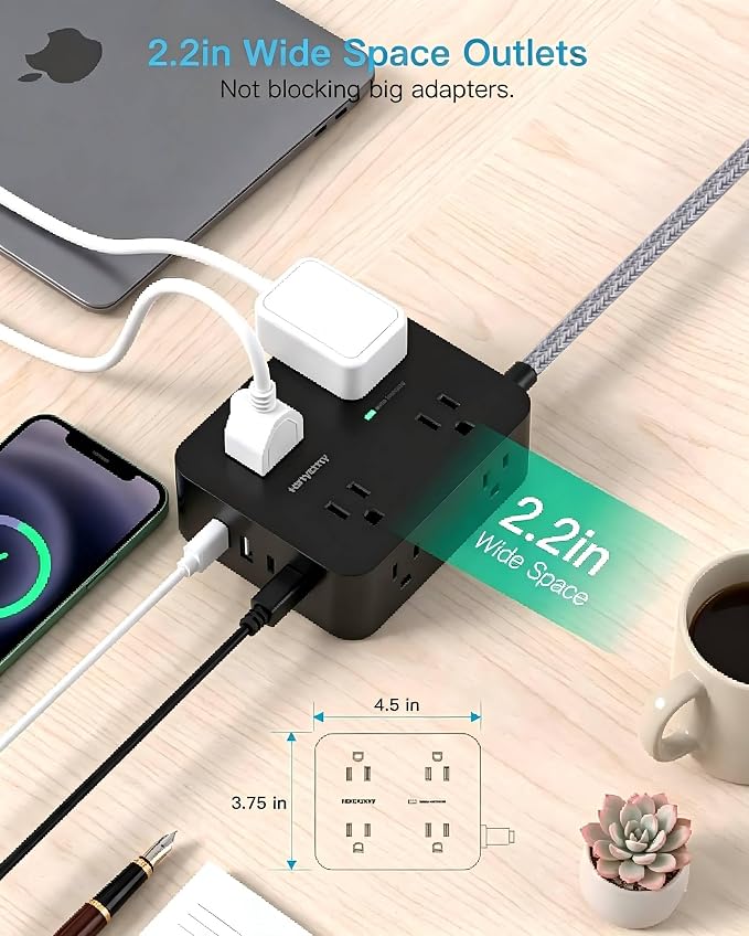 Flat Plug Power Strip Surge Protector, HANYCONY 5 Ft Flat Extension Cord with Multiple Outlets 4 USB C Ports, Multi Plug Outlet Extender Wall Mount for Home Office Desk