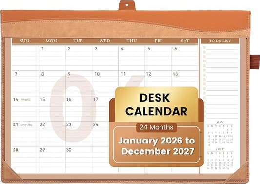 Yoment Desk Calendar 2026, Jan 2026-Dec 2027, 2026 Desk Calendar Large 17 x 12, 2026 Calendar with Plastic Cover, Pockets, To-Do Lists, Desktop Wall Calendar 2026-2027 for Office School Home, Brown