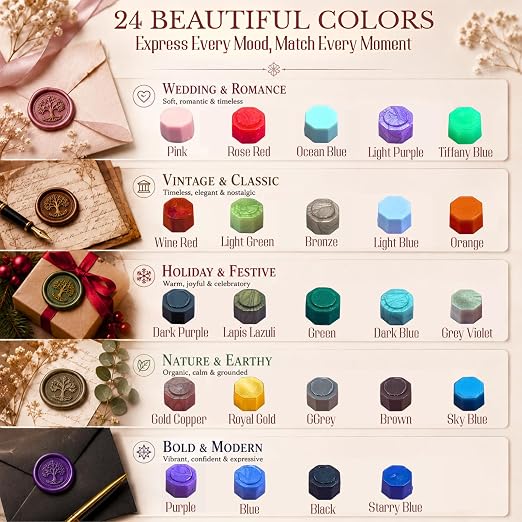 xxxHOLIC 620 Pcs Sealing Wax Beads Kit, 24 Colors with 1 Spoon & 6 Candles | Crack-resistant, smokeless wax beads melt smoothly for glossy seals on invitations, envelopes, gift wrapping and DIY crafts.
