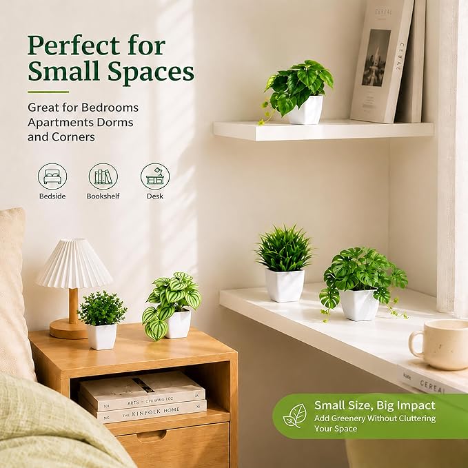 Der Rose 6 Pcs Mixed Small Fake Plants Modern Mini Potted Artificial Plants Indoor with White Pots for Bathroom Shelf Office Desk Bedroom Kitchen Decor
