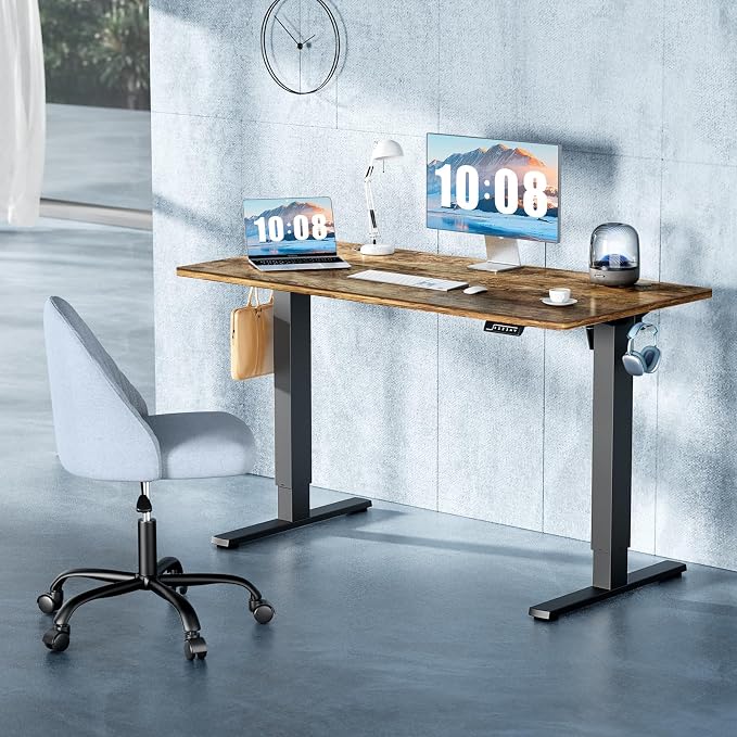 DUMOS 63 Inch Electric Standing Desk Height Adjustable, Sit to Stand Computer Workstations Large Work PC Table Home Office Writing Gaming Desks with Memory Presets for Walking Pad, Bedroom, Rustic