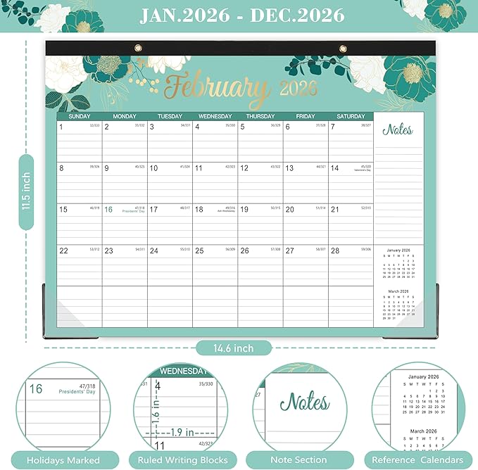 2026 Desk Calendar - Jan 2026 - Dec 2026, 12 Months Desk/Wall Calendar 2026, 14.6" x 11.5", 2-in-1 Desk Calendar, Holidays, Notes, Cutting-line Design, Corner Protectors & Hanging Holes