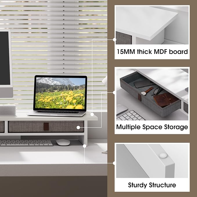 Fenge 35 Inch Monitor Stand with Drawer Storage, Computer Riser for Desk | Wooden Computer Shelf, 2 Tiers, for Dual Monitor/Laptop/PC/TV/Printer up to 55Lbs, Home Office Desk Organizer