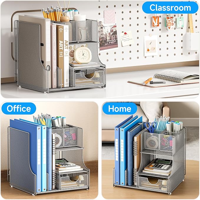 Lavatino Desk Organizer – 4-in-1 Silver Mesh Office Supplies Organizer with Pen Holder, File Holder, Desktop Tray, and Drawer for Home, Office, Classroom
