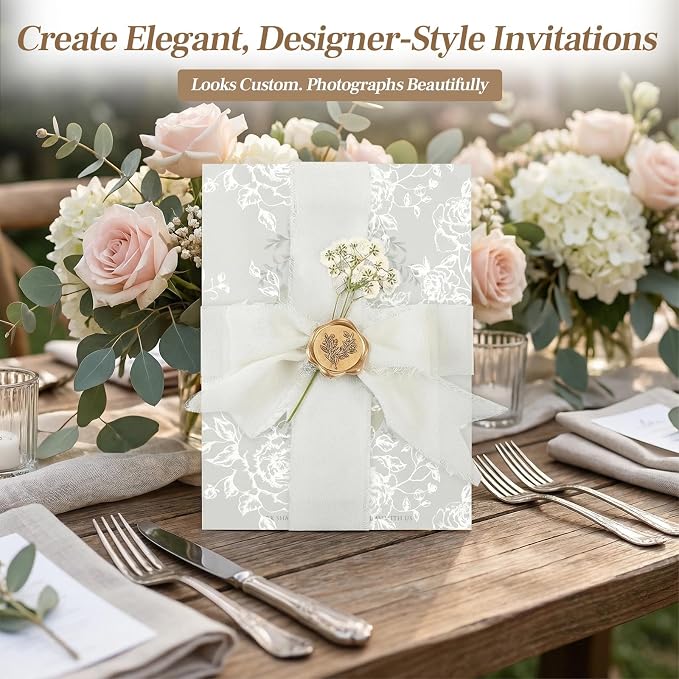 Wedding Invitation Accessories Kit, Pre-Folded Vellum Jackets for 5×7 Invitations with Wax Seal Stickers, Ribbon & Dried Flowers, Elegant Wedding Invitation Accessories for DIY Bridal Invites (White-Rose, 100)