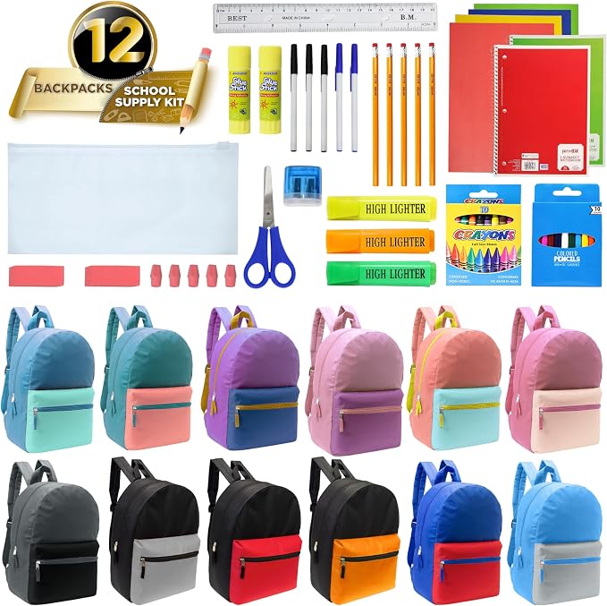 Moda West 17 Inch Bulk Backpacks with 52 Piece School Supply Kit - Case of 12 Wholesale Backpacks in Assorted Colors 6 Boy 6 Girl