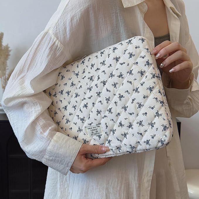 Cute Laptop Sleeve 13-15 inch Laptop Case Aesthetic Quilted Laptop Sleeve Computer Bag with Flower Printing for MacBook (Blue, 15inch)