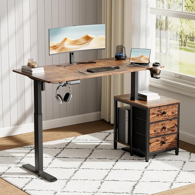 REAHOME 55 Inch Rustice Brown Height Adjustable Standing Desk with Drawers | Dual Motor Sit-Stand Frame With 3 Memory Presets, Printer Cabinet, Hooks & Cable Management For Home Office Gaming Desk