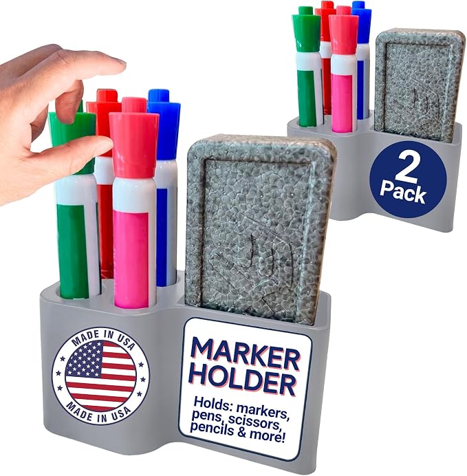 Whiteboard Marker Holder Magnetic - Dry Erase Marker Organizer with Adhesive Mount - Office Supplies Organizer for Classroom, School, Fridge - Made in USA, Gray 2 Pack