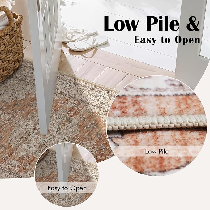 3x10 Runner Rug for Hallway Washable: Non Slip Kitchen Rugs with Rubber Backing Soft Waterproof Mats Stain Resistant Indoor Vintage Carpet Runner for Bedroom Bathroom Laundry Entryway Brick/Terracotta