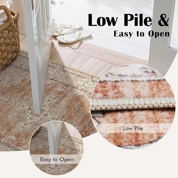 3x8 Runner Rug for Hallway Washable: Non Slip Kitchen Rugs with Rubber Backing Soft Waterproof Mats Stain Resistant Indoor Vintage Carpet Runner for Bedroom Bathroom Laundry Entryway Brick/Terracotta