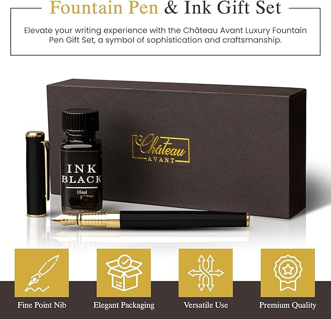 Luxury Fountain Pen Gift Set - Fine Nib Fountain Pen with Black Ink - Refillable Ink Set - Gifts for Him or Her