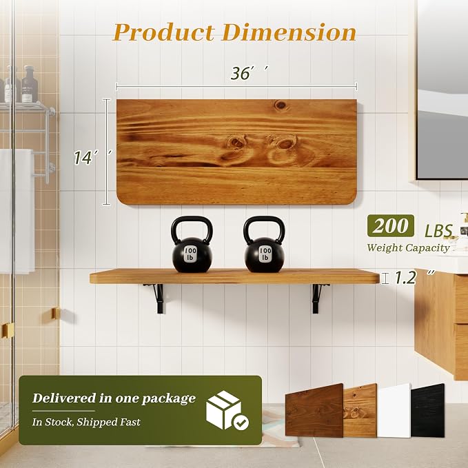 Dogsky Floating Wall Desk, 36" x 14" Wall Mounted Folding Table, Pine Wood Fold Down Wall Table, 200 lb Capacity Wall Mount Desk for Small Apartment,Laundry Room,Kitchen,Bar & Computer, Burning Yellow