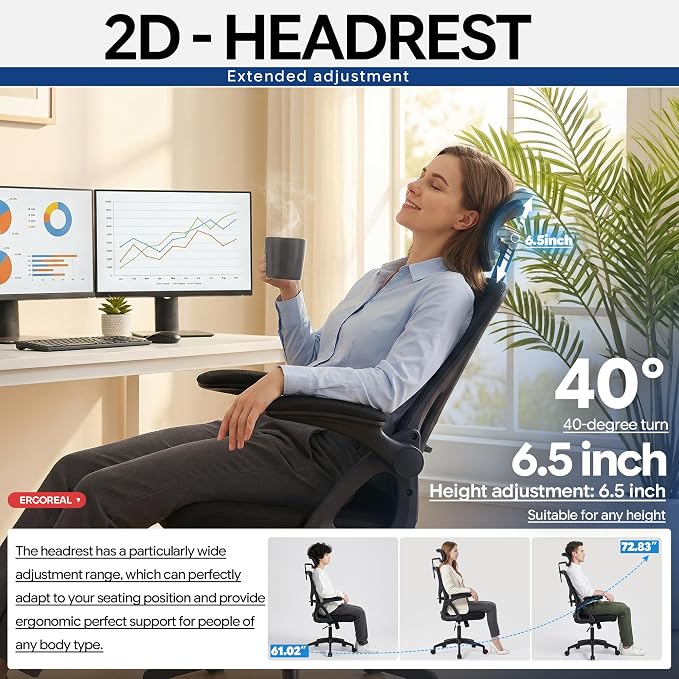 Ergonomic Office Chair–Mesh Computer Chair with Adjustable Lumbar Support, 2D Headrest, Foldable Armrests & Class 3 Gas Lift–Comfortable Home Office Desk Chair for Long Sitting, 400 lbsBlack