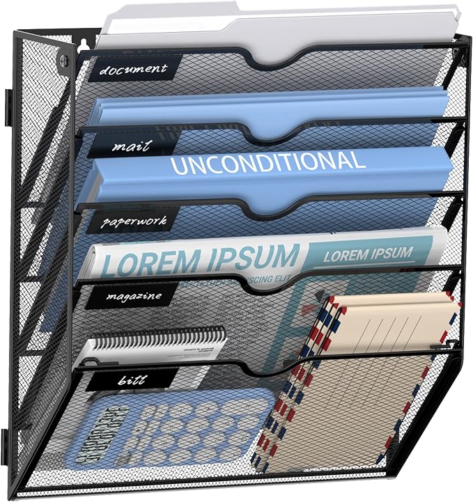 5 Tier Wall Hanging File Organizer, Paper Folder Holder Wall Mounted, Metal Mail Sorter for Office Home School, Black