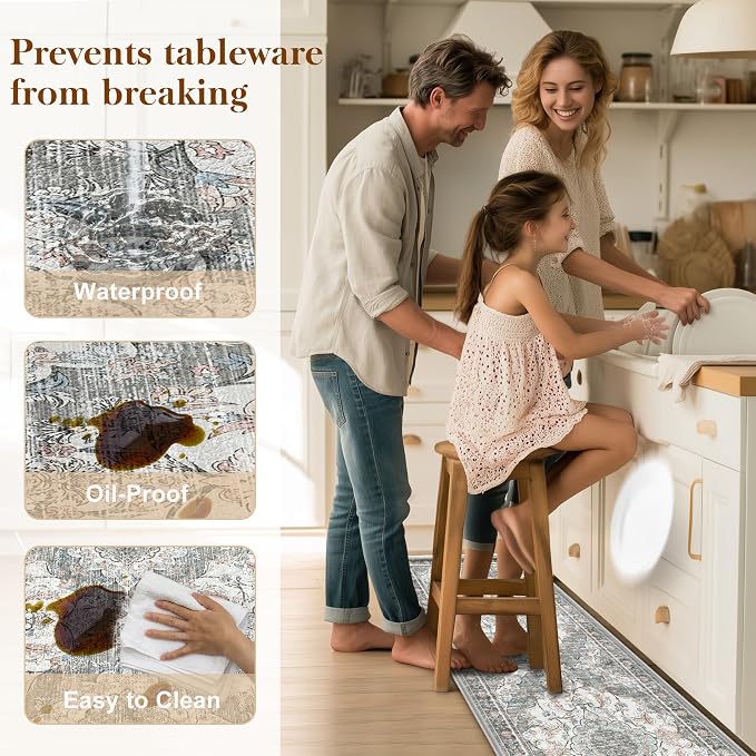 Boho Kitchen Mats for Floor 2 Piece Set Anti Fatigue Cushioned PVC Kitchen Rugs Non Slip Waterproof Farmhouse Mats 2/5 Inch Comfort Standing Mat for Sink, Laundry, 17.3"x59"+17.3"x28", Beige Grey