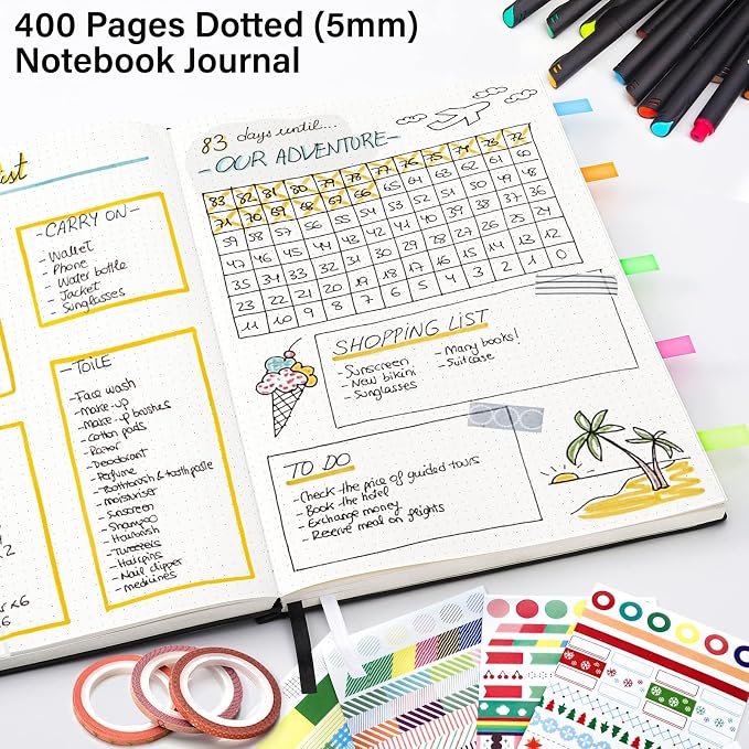 Notebook Journal, Dotted Journal, 8.5" x 11", 400 Pages Dot Grid Notebook, No Bleed Thick Paper, Leather Journal for Bullet Journaling, Work, School, Notes, 125pcs Sticky Tabs, Inner Pocket, Brown