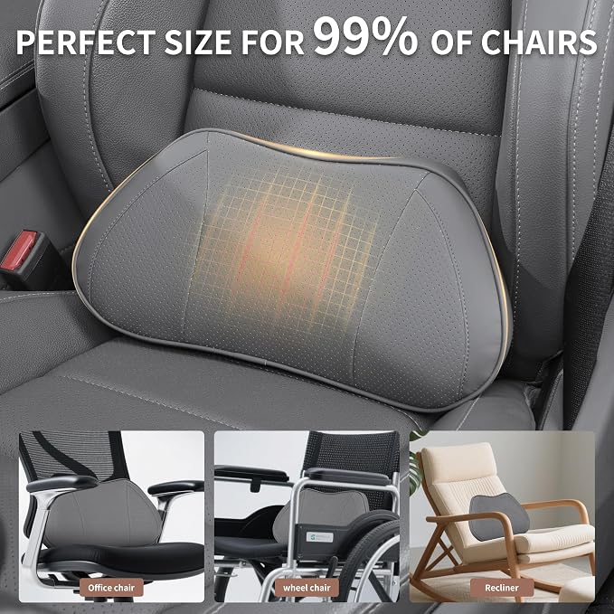 Car Lumbar Support Pillow for Driving Seat, Gray, 1 Pack | Leather Memory Foam Lumbar Cushion for Lower Back Pain Relief, Universal Back Support for Driving, Home & Office Chairs